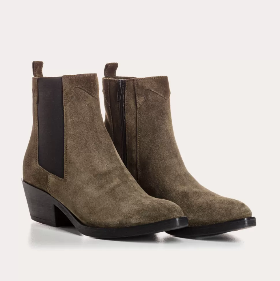 Boots^Reqins Boots Elioth Cuir Velours Vert, Kaki